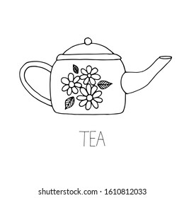 Vector black line kettle with flowers and leaves. Simple teapot doodle style. Tea time illustration.