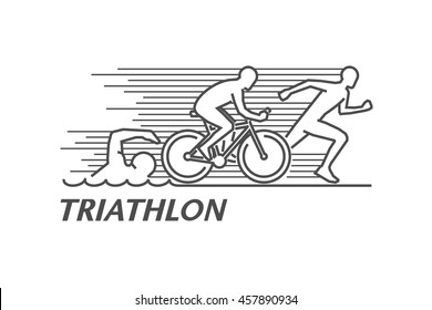 Vector black line logo triathlon. Figures triathletes on a white background. Swimming, cycling and running symbol. Open path.