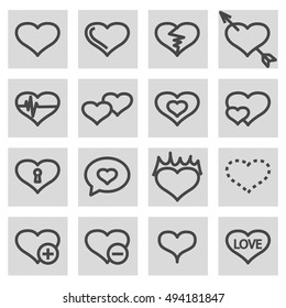 Vector black line love icons set on grey background
