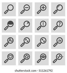 Vector black line magnifying glass icons set on grey background