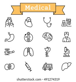 Vector black line Medicine and Health symbols icons set on white background
