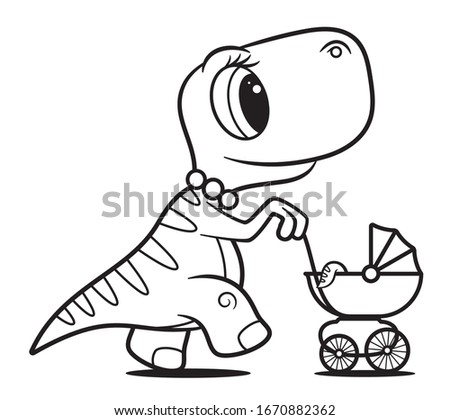 Vector black line mum dinosaur carries a baby carriage with a baby. Isolated on white background.