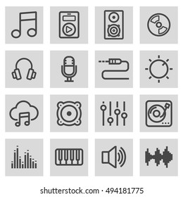 Iconos de la línea negra del vector configurados en fondo gris
