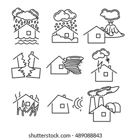 Vector black line natural disaster icons set on white background