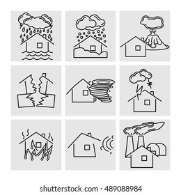 Vector black line natural disaster icons set in gray squares on white background