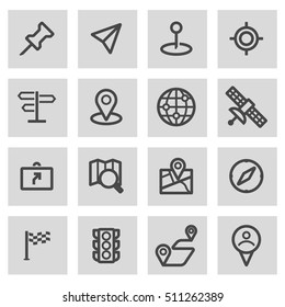 Vector black line navigation icons set on grey background