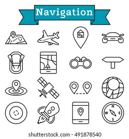 Vector black line navigation, location, transportation icons set on white background