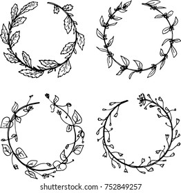 Vector black line on white background wild grass. Wreath. 