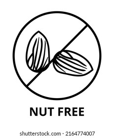Vector black line or outline symbol or icon of nut free or nuts free label icon. Peanut and nut allergies, a common allergen. Food allergies, intolerances, allergen. Dietary concept, nut-free.