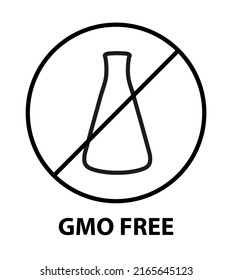 Símbolo de línea negra vectorial o símbolo de contorno o icono del icono de etiqueta libre GMO con matraz aislado en fondo blanco. ingredientes modificados genéticamente, alimentos sin gmo. Concepto dietético, libre de productos químicos.