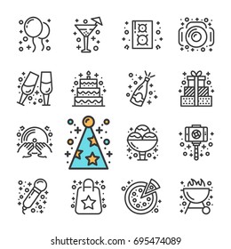 Vector black line Party icons set. Includes such Icons as BBQ, Karaoke, Gifts.