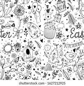 Vector black line pattern of Easter and spring icons. Hand drawn illustration. Spring elements for greeting cards, posters, banners and seasonal design. Isolated on white background