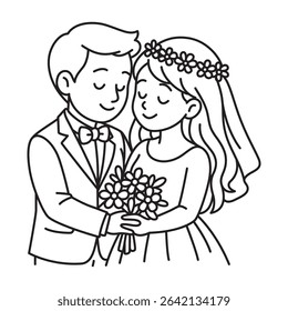 Vector black line picture of bride and groom hugging and holding a flower. Isolated on white background