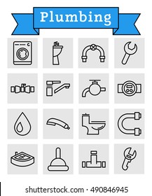 Vector black line plumbing icons set in gray squares on white background