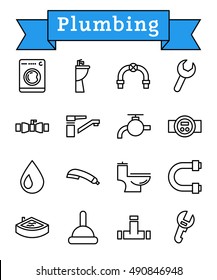 Vector black line plumbing icons set on white background