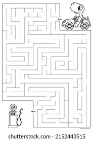 Vector black line printable maze. Format A4. Coloring book educational maze with little dinosaur on car looking for a gas station.