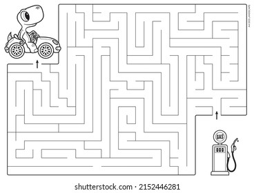 Vector black line printable maze. Format A4. Coloring book educational maze with little dinosaur on car looking for a gas station. Landscape size.