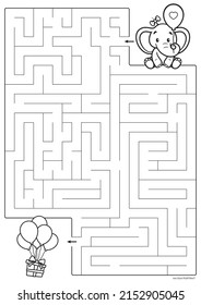 Vector black line printable maze. Format A4. Coloring book educational maze with cute cartoon elephant looking for a gift.