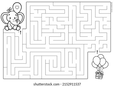 Vector black line printable maze. Format A4. Coloring book educational maze with cute cartoon elephant looking for a gift. Landscape size.
