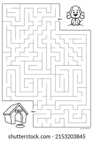 Vector black line printable maze. Format A4. Coloring book educational maze with cute cartoon a dog named Max looking for his house.