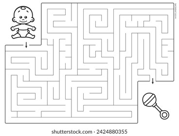 Vector black line printable maze. Format A4. Coloring book educational maze with little baby looking for a rattle.