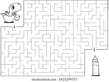 Vector black line printable maze. Format A4. Coloring book educational maze with little dinosaur hatching from an egg looking for a baby bottle with milk.