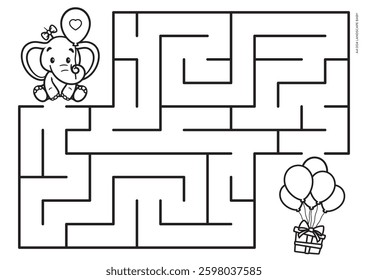Vector black line printable maze. Format A4. Coloring book educational maze with cute cartoon elephant looking for a gift. Landscape size.