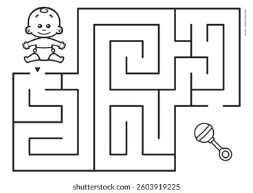 Vector black line printable maze. Format A4. Coloring book educational maze with little baby looking for a rattle.