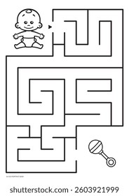 Vector black line printable maze. Format A4. Coloring book educational maze with little baby looking for a rattle. Portrait size.
