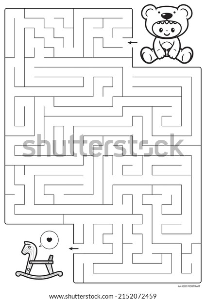 Vector black\
line printable maze. Format A4. Coloring book educational maze with\
little baby in teddy bear\
costume.