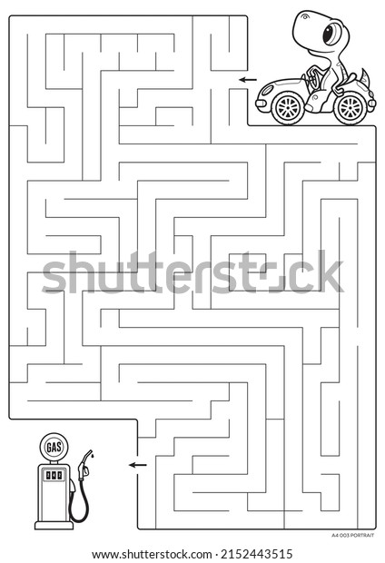 Vector black line printable maze. Format A4.\
Coloring book educational maze with little dinosaur on car looking\
for a gas station.