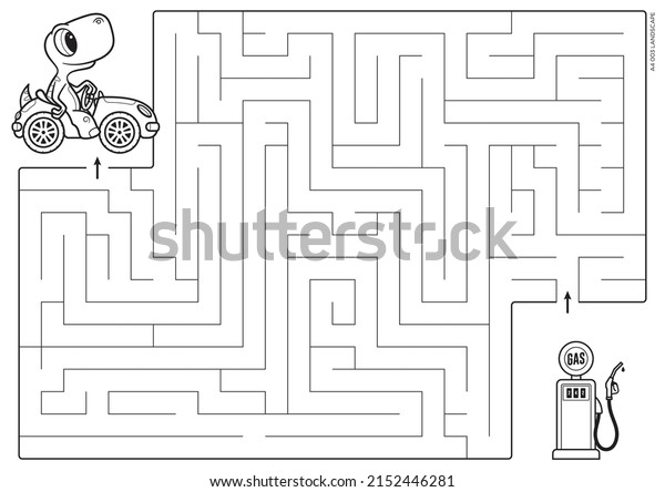 Vector black line printable maze. Format\
A4. Coloring book educational maze with little dinosaur on car\
looking for a gas station. Landscape\
size.