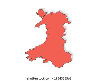 Vector black line and red map of Wales.