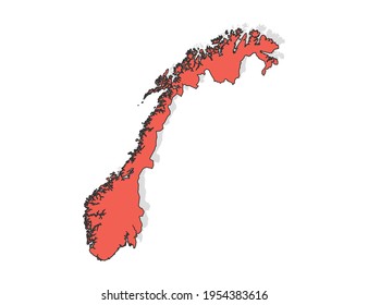 Vector black line and red map of Norway.