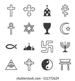Vector black line religion icon set on white background