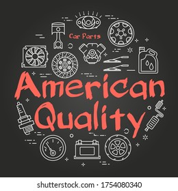 Vector black line round banner of american quality car parts