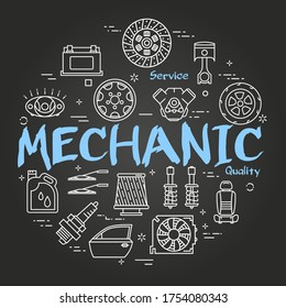 Banner redondo de línea negra vectorial de piezas mecánicas de automóviles