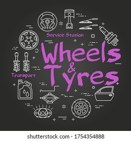 Vector black line round banner of wheels and tyres