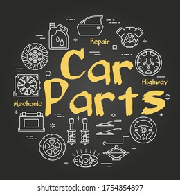 Vector black line round banner of car parts