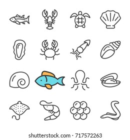 Vector black line Seafood icons set. Includes such Icons as Shrimp, Fish, Crab, caviar.