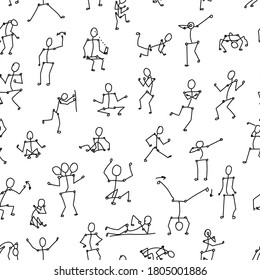 vector black line seamless pattern with people bodies in different poses on white background for paper or textile