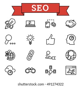 Vector black line Search Engine Optimization, SEO on white background
