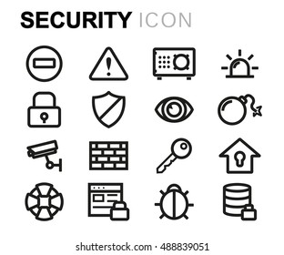 Vector black line security icons set on white background