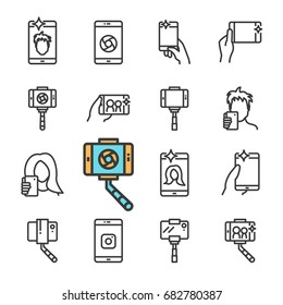 Vector black line Selfie icons set. Includes such Icons as selfie stick, smartphone, front camera, Smartphone in hand.