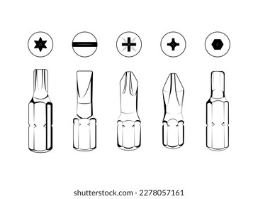 Conjunto de líneas negras vectoriales de diferentes bits de destornillador aislados en fondo blanco