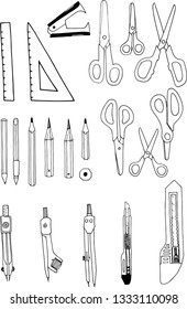 Vector black line set from scissors, ruler, compass, pen, pencil and antistepler.