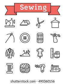 Vector black line sewing equipment and needlework icons set on white background