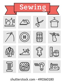 Vector black line sewing equipment and needlework icons set in gray squares on white background