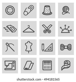Vector black line sewing icons set on grey background