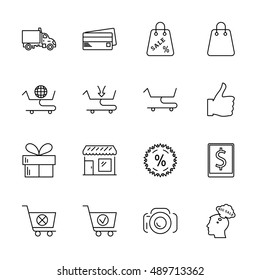 Vector black line shopping icons set on white background